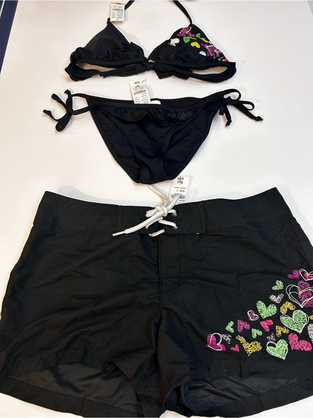 Lilu Black Bikini Set with Multicolored Heart Embroidery
